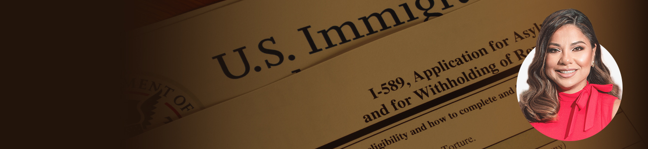 Attorney Janeth Moreno in front of a U.S. Immigration Document